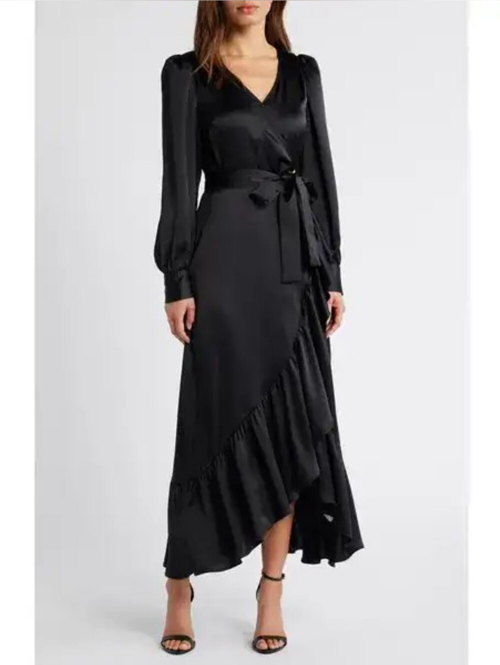 Chelsea28 Black Satin Ruffle Wrap Maxi Dress Size XS New